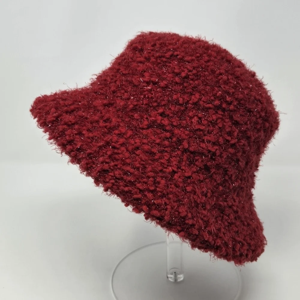 VINTAGE CEJON DARK RED BOUCLE METALLIC SPARKLE BUCKET HAT WOMEN OS COZY FESTIVE